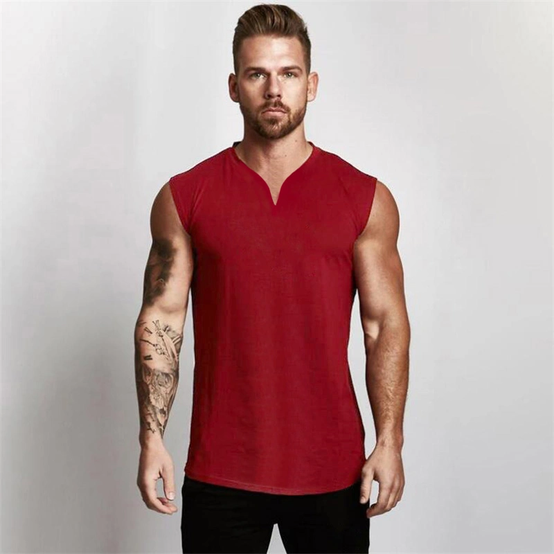 Summer Cotton V-Neck Fitness Tank Top Men Gym Clothing Bodybuilding Sleeveless Shirt Workout Fashion Sports Singlets Muscle Vest