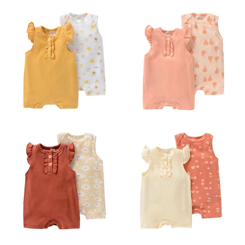 ABC Kids Newborn Baby Girl Ruffle Organic 100% Muslin Cotton Romper Set Wholesale Summer Sleeveless Toddle Bodysuit